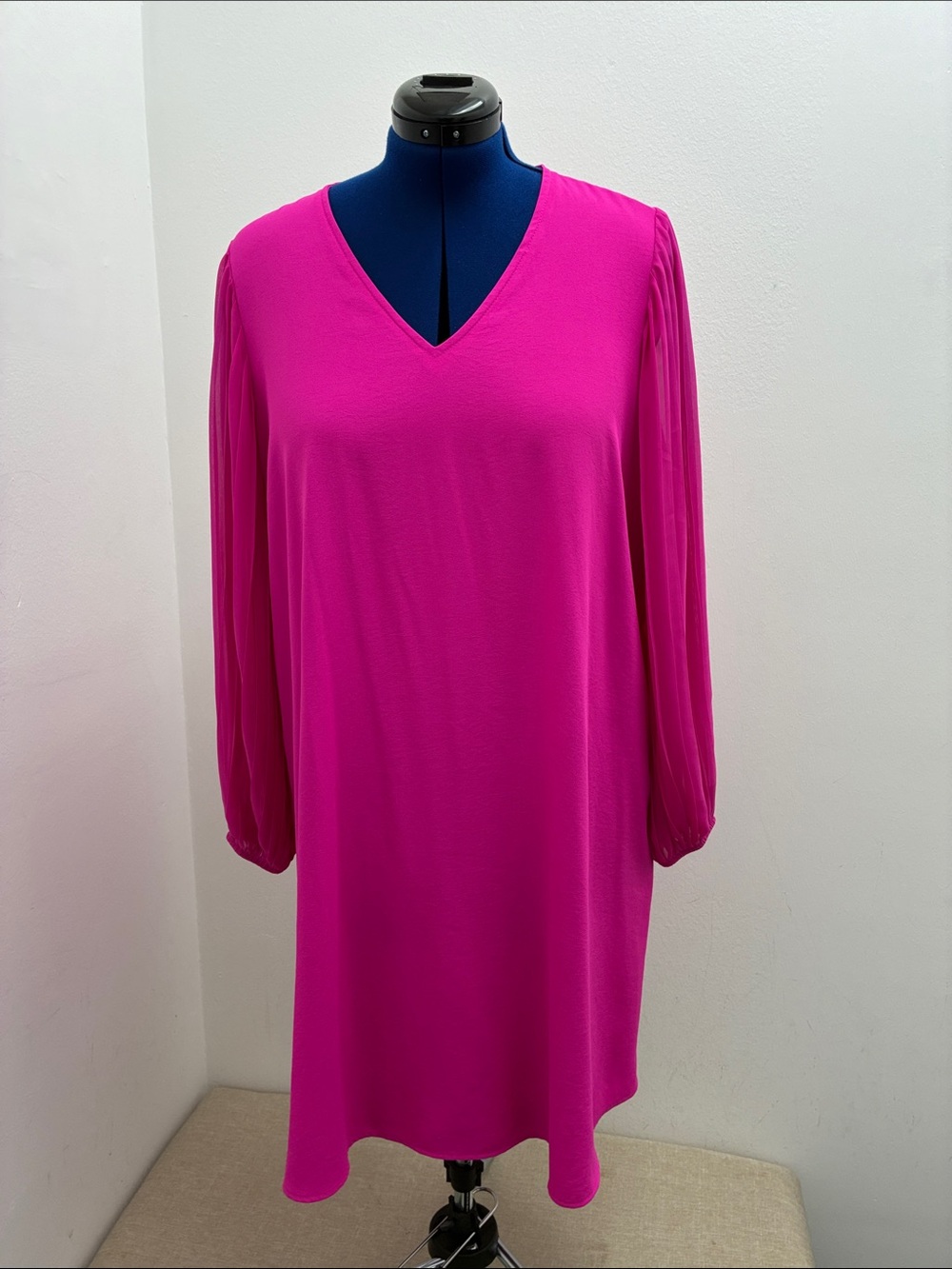 Joseph Ribkoff V-Neck Long Sleeve Tunic Dress with Sheer Sleeves - Hot Pink